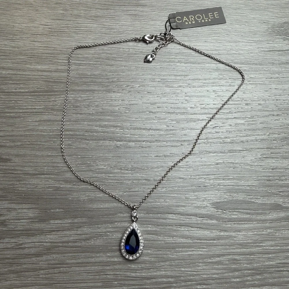 Carolee New York Simulated Blue Sapphire Crystal Halo Teardrop Necklace New